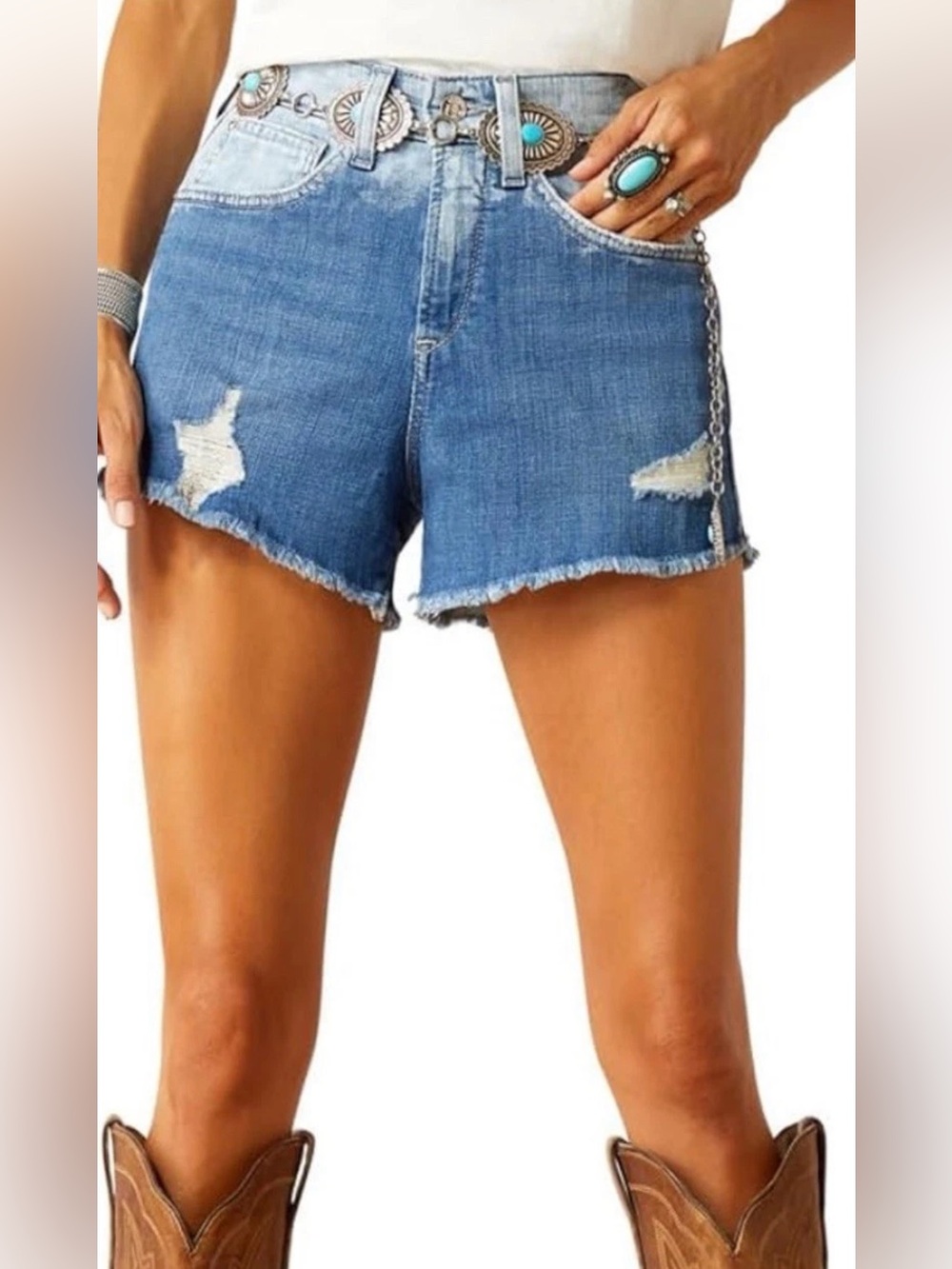 Ariat Blue Distressed Denim Jean Shorts with Frayed Hem